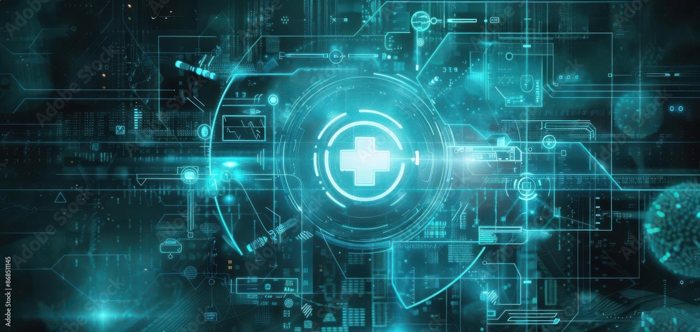 Use digital art techniques to create a backdrop that encapsulates the essence of technological advancement in the medical field Use digital art techniques to create a backdrop that encapsulates the essence of technological advancement in the medical field