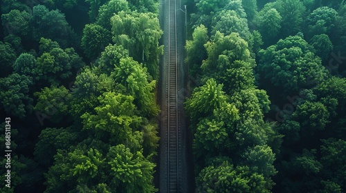 A railway track surrounded by greenery symbolizing the benefits of utilizing trains for transportation