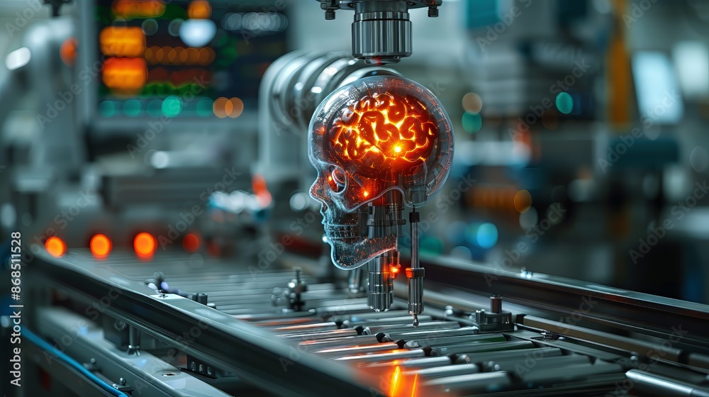 A conceptual illustration featuring a metallic robotic skull with illuminated orange eyes and intricate wiring, set against the backdrop of an advanced manufacturing facility. A conceptual illustration featuring a metallic robotic skull with illuminated orange eyes and intricate wiring, set against the backdrop of an advanced manufacturing facility.