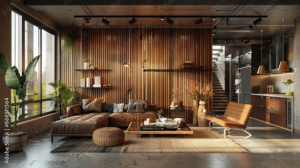 urban loft featuring a wall of vertical slats of recycled wood, contributing to a chic and sustainable decor urban loft featuring a wall of vertical slats of recycled wood, contributing to a chic and sustainable decor