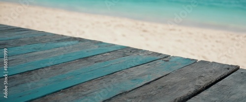 Sunny beach summer High-angle shot weathered wooden picnic table