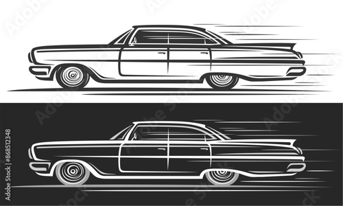 Vector logo for Vintage American Car, automotive decorative banners with simple illustration of elegant car in moving, artwork of running monochrome power expensive car on black and white background