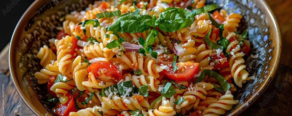 Fototapeta premium Close-up of a delicious pasta salad with tomatoes, basil, and cheese in a rustic bowl, perfect for a fresh and tasty meal.