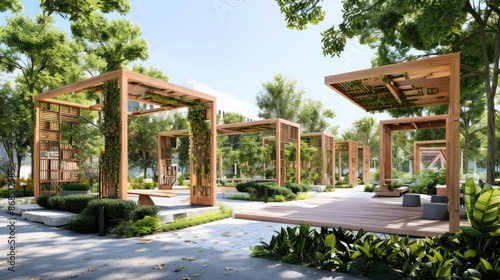urban park pavilion with wooden structures and modern, eco-friendly design © Ramzan