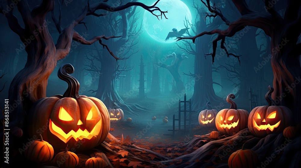 Naklejka premium Horror Halloween background with autumn valley with woods pumpkins and spider web space for text