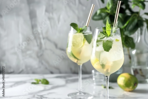 Summer cocktail of white wine, soda,mint and lime refreshing cold drink on light background. Generative AI