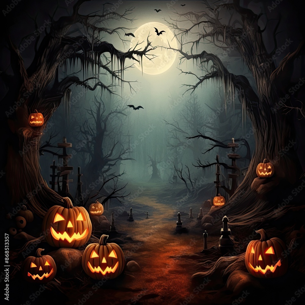 Fototapeta premium Horror Halloween background with autumn valley with woods pumpkins and spider web space for text