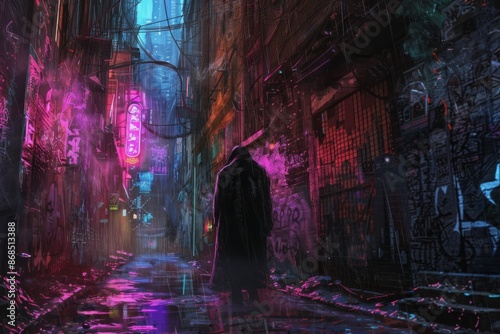 A Figure Walks Through A Neon Lit, Wet City Alleyway at Night