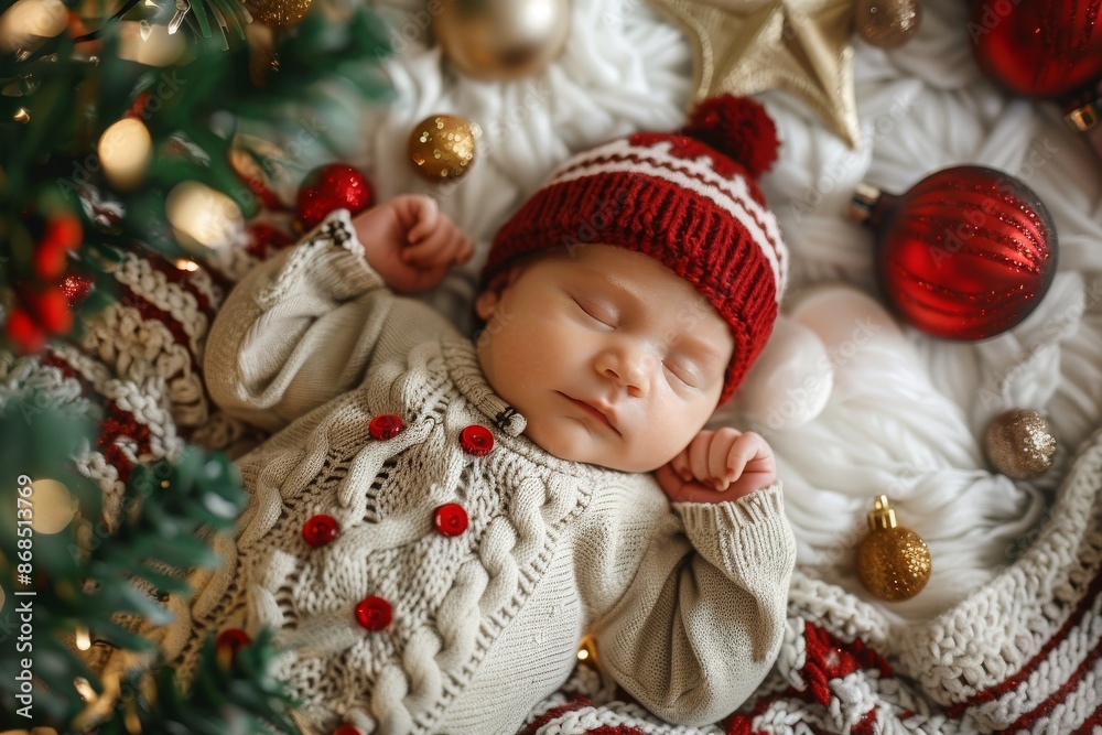 Newborn Baby Sleeping Under Christmas Tree With Ornaments Newborn Baby Sleeping Under Christmas Tree With Ornaments