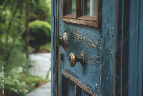 Weathered Blue Door With Brass Knob and Glass Panel in a Lush Garden