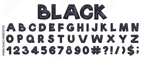 Black playful alphabet in Y2K style. 3D rendering of plump letters, plastic glossy reflective texture. Vector illustration.