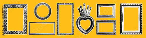 Picture frames with halftone effect. Vector illustration of rectangular, round and heart-shaped photorealistic frames with crown in retro collage style.