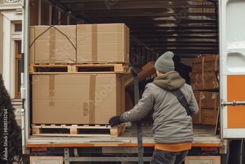 Man Securing Cardboard Boxes on Pallet Inside Truck Bed