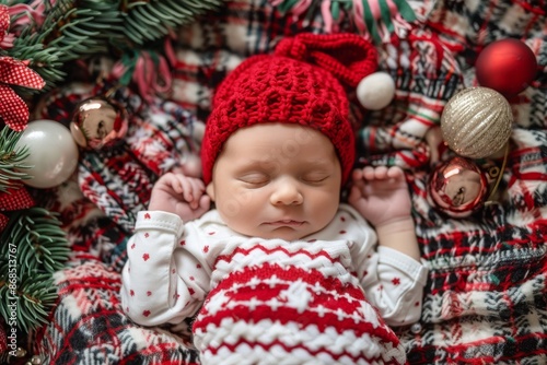 Sleeping Newborn Baby Dressed in Red and White Christmas Outfit