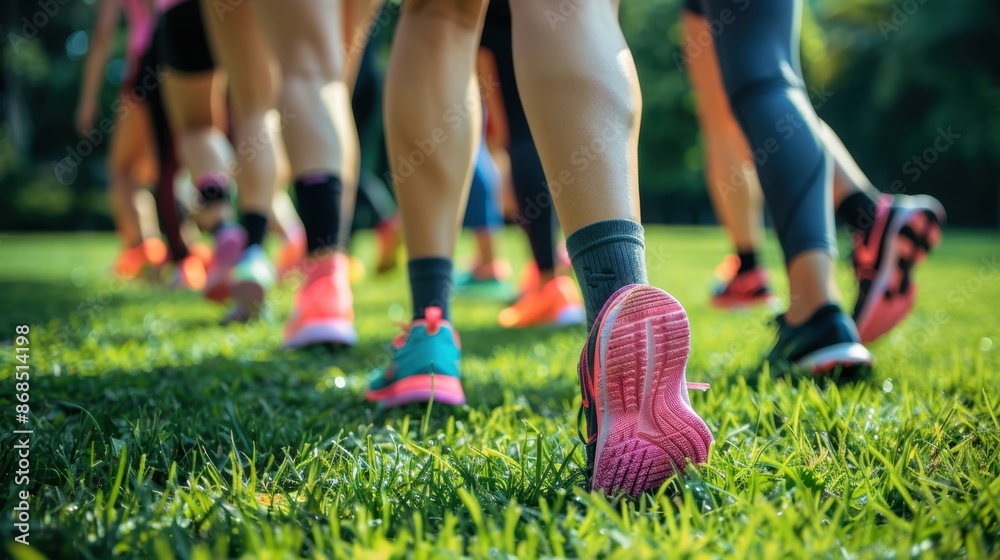 Fototapeta premium Feel the burn with a close-up of a person pushing their limits at an outdoor fitness bootcamp, enjoying a high-energy workout in the park. 