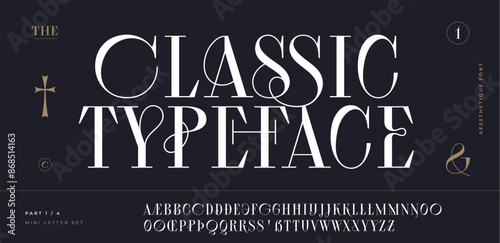 Classic serif font. Headline alphabet serif alphabet with graphic elements, sign, symbol, alternative letters. Classic creative serif font alphabet for design, typographic Vector Illustration