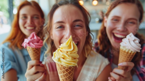 A close-up of people enjoying an ice cream social, cooling off with a variety of delicious flavors at a fun ice cream party. 