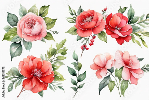 Watercolor Bouquet of flowers, isolated, white background, red roses and green leaves