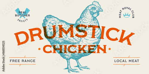 Chicken, hen with nest, eggs. Label, tag, chicken sketch ink pencil style drawing, engrave old school style. Sketch artwork silhouette chicken with nest, eggs. Side view profile. Vector Illustration