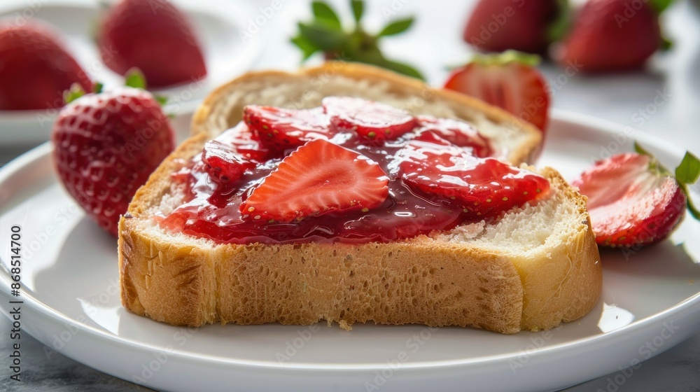 slice of white bread topping strawberry jam and strawberry slice on white plate. roti tawar selai strawberry dan irisan strawberry. served on white background. selected focus slice of white bread topping strawberry jam and strawberry slice on white plate. roti tawar selai strawberry dan irisan strawberry. served on white background. selected focus