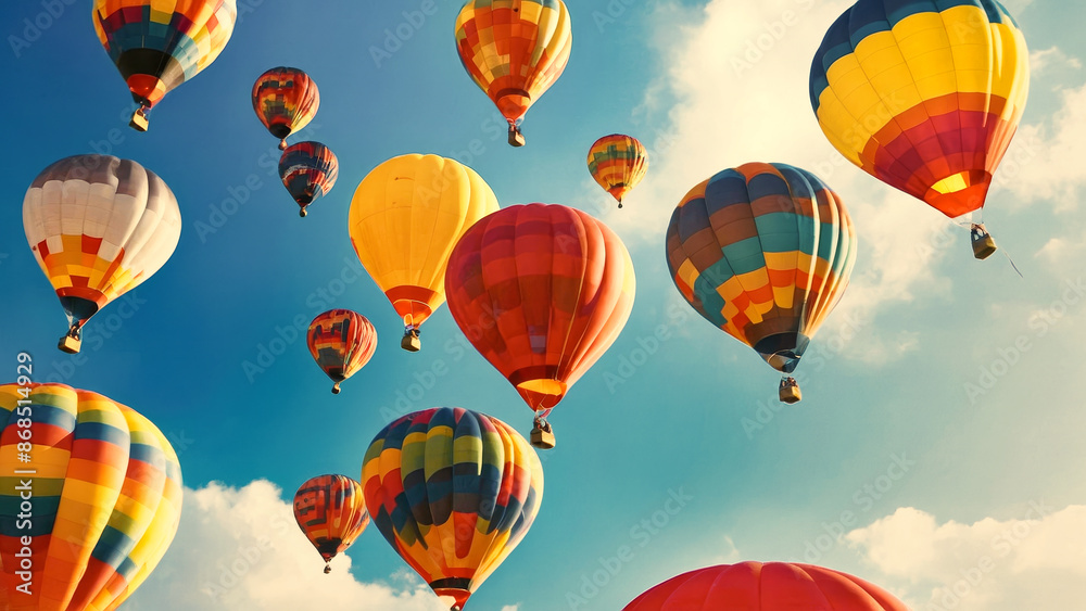 Fototapeta premium Vibrant Hot Air Balloons Floating Over Scenic Countryside. Aerial view festival