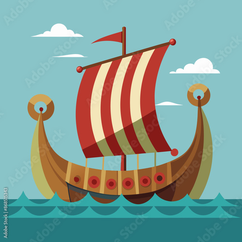 Viking ship sea water side view vector