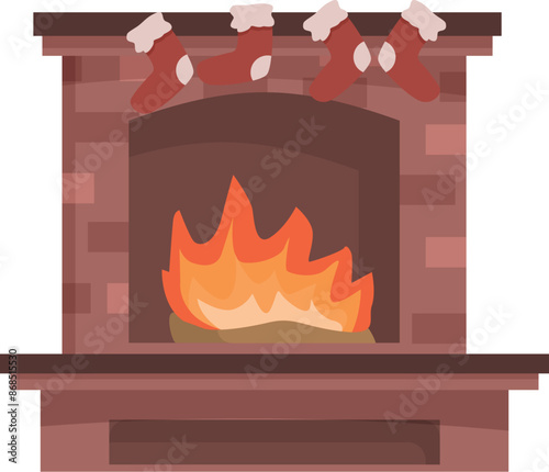Brick fireplace burning with christmas stockings hanging