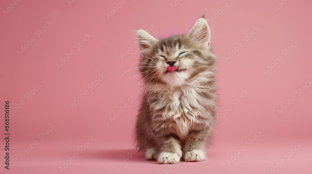 Obraz premium Portrait photography of a cute little Ragamuffin cat happy smiling , studio shot isolated on single color background ,editorial style, shoot by DSLR .