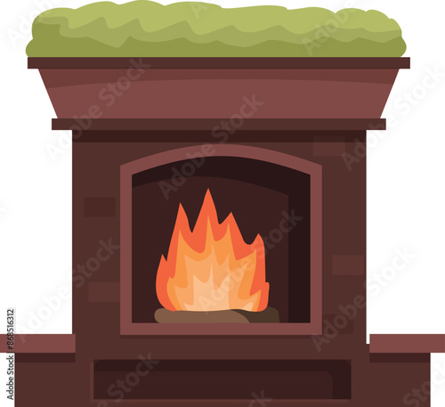Classic brick fireplace is providing warmth with a bright burning fire