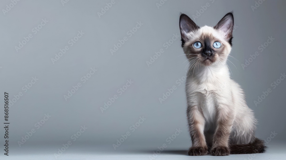 Portrait photography of a cute little Siamese cat happy smiling , studio shot isolated on single color background ,editorial style, shoot by DSLR . Portrait photography of a cute little Siamese cat happy smiling , studio shot isolated on single color background ,editorial style, shoot by DSLR .
