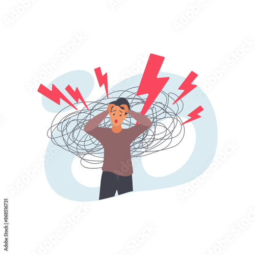 Man holding head in panic and anxiety, over male character lightning and chaos of thoughts vector illustration