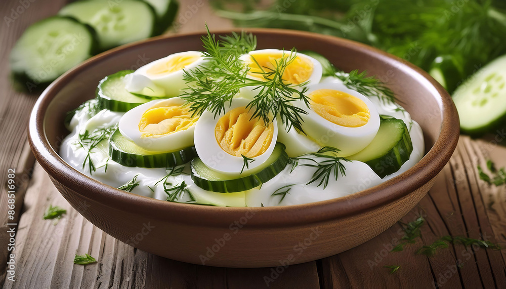 Bowl of Greek yogurt topped with sliced boiled eggs, cucumber, fresh herbs rustic wooden background, Healthy food, breakfast, nutritious lifestyle Bowl of Greek yogurt topped with sliced boiled eggs, cucumber, fresh herbs rustic wooden background, Healthy food, breakfast, nutritious lifestyle