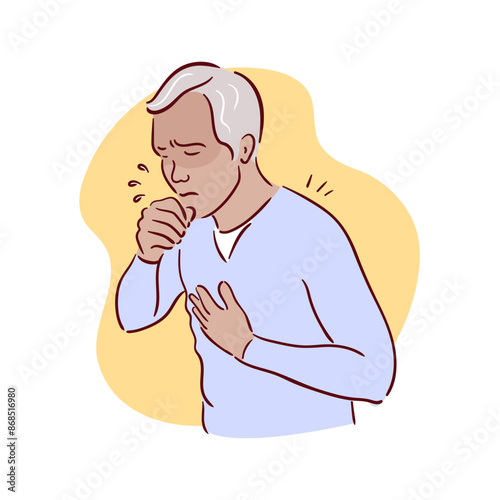 An elderly black man coughs. Disease, covid. unhealthy, Sickness, man unwell and coughing, have cold, sore throat suffering with symptom cough feeling bad. Hand drawn vector illustrations sketch style