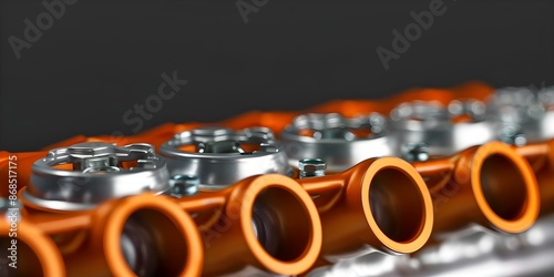 Sleek custom intake manifold on highperformance vehicle in stylish studio setting. Concept Custom Intake Manifold, High Performance Vehicle, Stylish Studio Setting, Automotive Photography