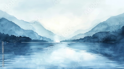 Elegant watercolor illustration of a calm river with ample copy space