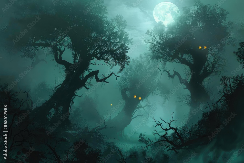 Eerie forest with twisted trees and glowing eyes under a full moon ...