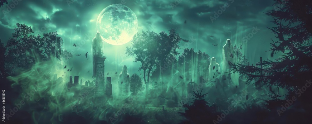 Eerie moonlit night over a foggy, ruinous landscape with mysterious structures silhouetted against a misty sky. Perfect for Halloween themes. Eerie moonlit night over a foggy, ruinous landscape with mysterious structures silhouetted against a misty sky. Perfect for Halloween themes.