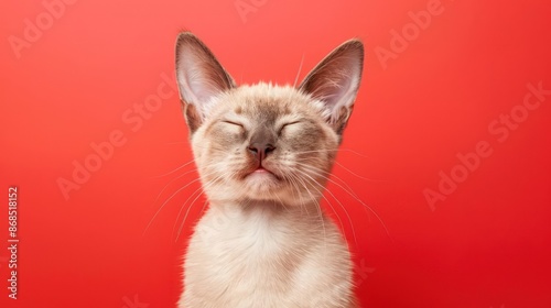 Portrait photography of a cute little Tonkinese cat happy smiling , studio shot isolated on single color background ,editorial style, shoot by DSLR .