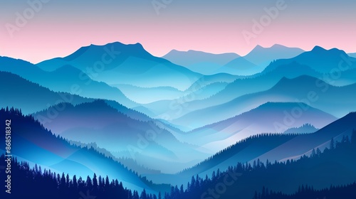 Misty mountain landscape flat design top view twilight theme animation Splitcomplementary color scheme
