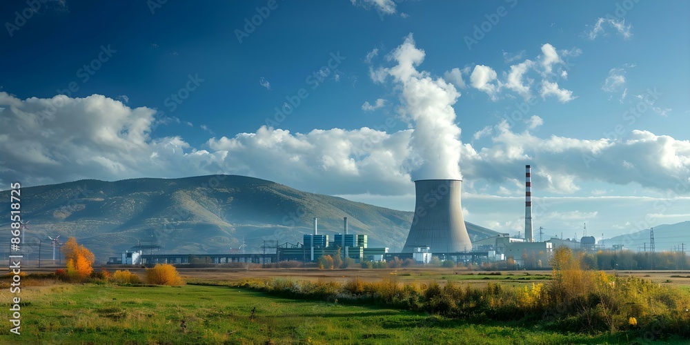 A large nuclear power plant generating energy from uranium and plutonium. Concept Nuclear Energy, Power Generation, Uranium, Plutonium, Energy Sources A large nuclear power plant generating energy from uranium and plutonium. Concept Nuclear Energy, Power Generation, Uranium, Plutonium, Energy Sources