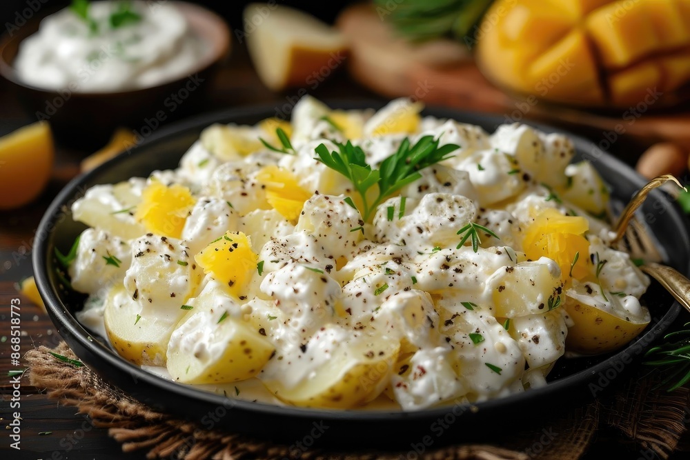Delicious potato salad with creamy dressing, garnished with parsley and pepper, served in a black bowl on a rustic wooden table. Delicious potato salad with creamy dressing, garnished with parsley and pepper, served in a black bowl on a rustic wooden table.