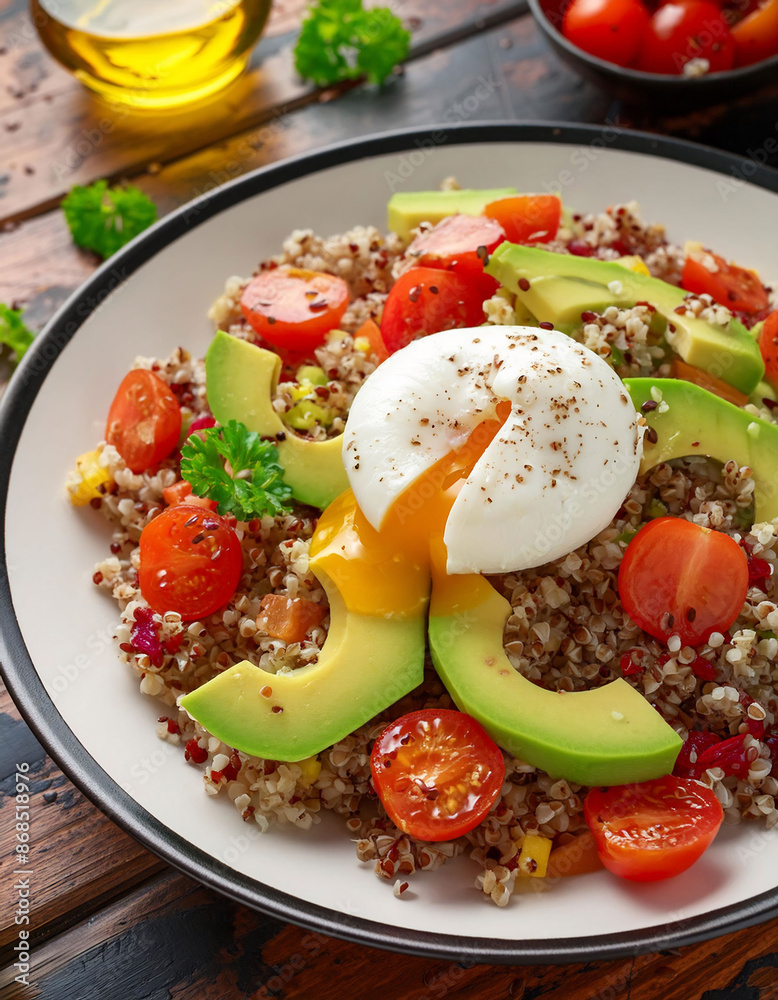 Colorful quinoa salad with avocado, cherry tomatoes, poached egg, Healthy food, fresh and vegetarian.