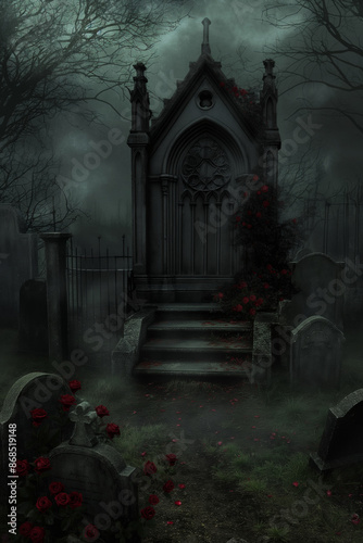 Gothic Romantik Hintergrund Friedhof im Nebel mit Grabsteinen und roten Rosensträuchern photo