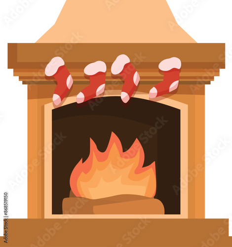 Warm fireplace burning with christmas stockings hanging, creating a cozy and festive atmosphere