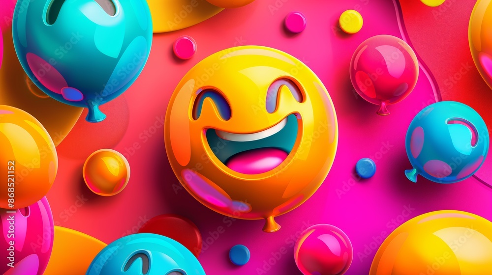 Fototapeta premium A colorful image of a smiling face surrounded by many colorful balloons. The balloons are of different sizes and colors, and the face is the main focus of the image. Scene is cheerful and playful