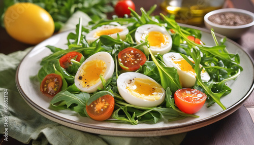 Fresh spinach and arugula salad with sliced boiled eggs, cherry tomatoes, olive oil on ceramic plate, vegetarian, healthy food, nutrition, lifestyle