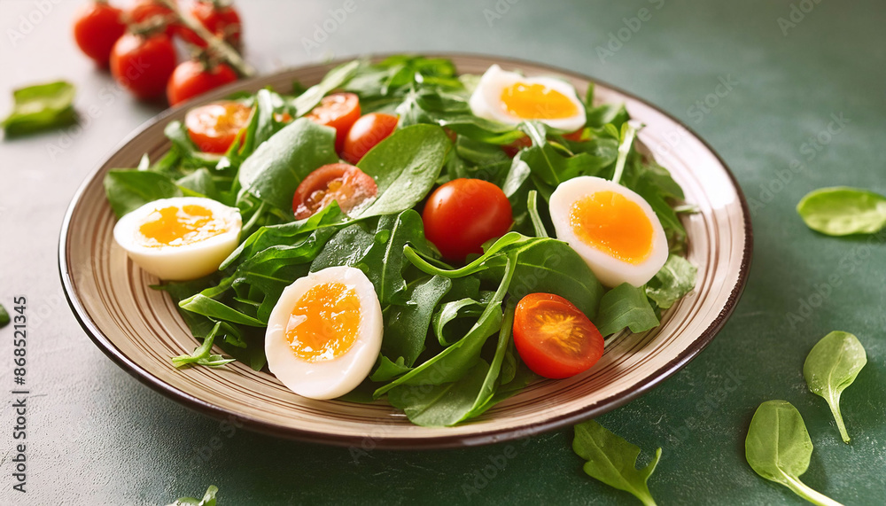 Fresh spinach and arugula salad with sliced boiled eggs, cherry tomatoes, olive oil on ceramic plate, vegetarian, healthy food, nutrition, lifestyle Fresh spinach and arugula salad with sliced boiled eggs, cherry tomatoes, olive oil on ceramic plate, vegetarian, healthy food, nutrition, lifestyle