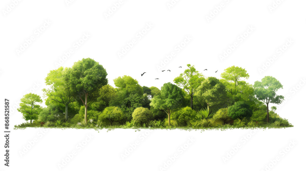 An illustration of a dense forest canopy with vibrant green foliage, captured against a stark white backdrop. Birds fly through the air above the trees, adding to the natural scene An illustration of a dense forest canopy with vibrant green foliage, captured against a stark white backdrop. Birds fly through the air above the trees, adding to the natural scene