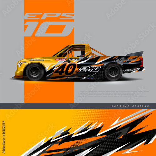 Racing pickup truck wrap design vector. Graphic abstract stripe racing grunge background kit designs for wrap vehicle, race car, rally, adventure and livery