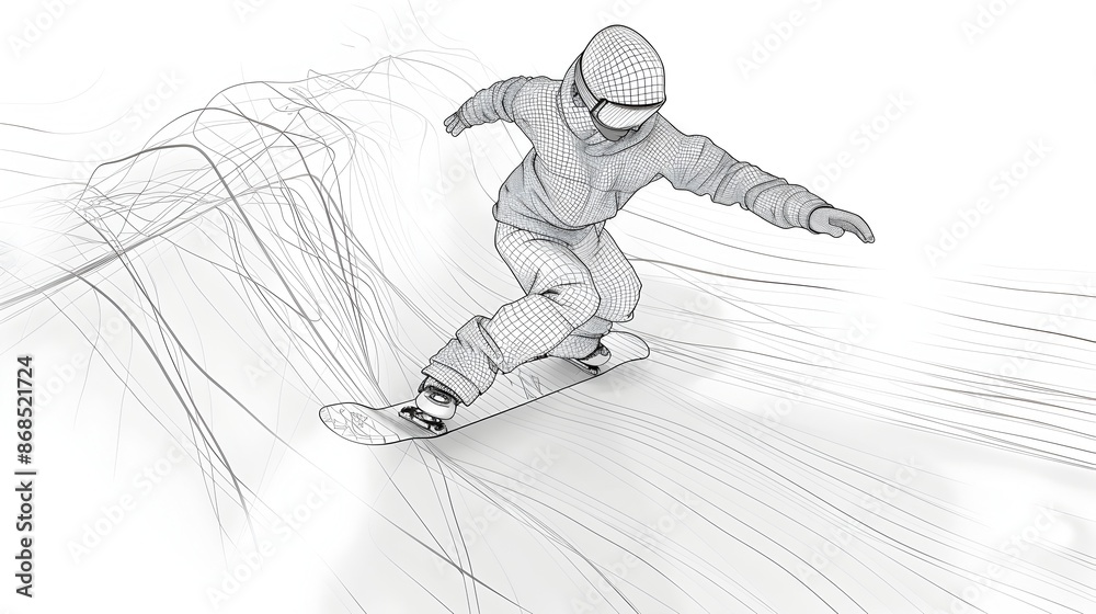 Minimalist 3D Render of Snowboarder Performing Trick in One Line Art Style Minimalist 3D Render of Snowboarder Performing Trick in One Line Art Style